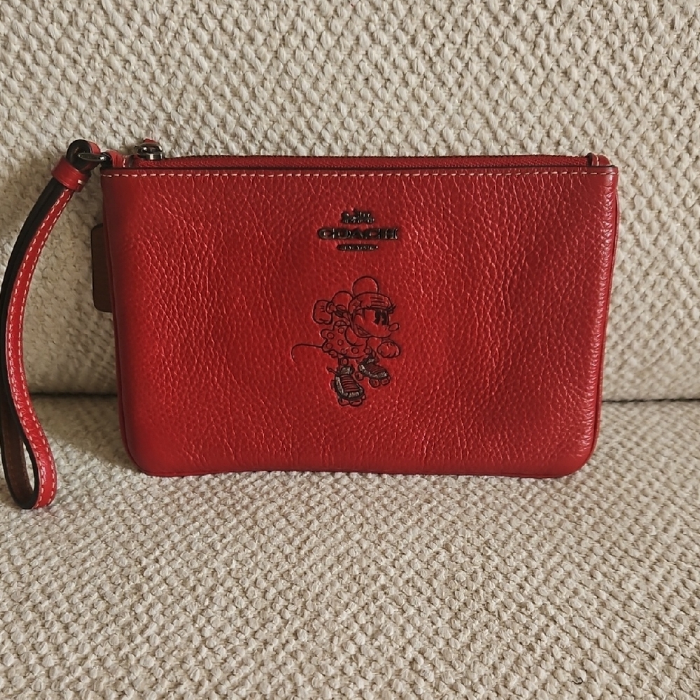 Coach Minnie Mouse Red Pebble Leather Wristlet